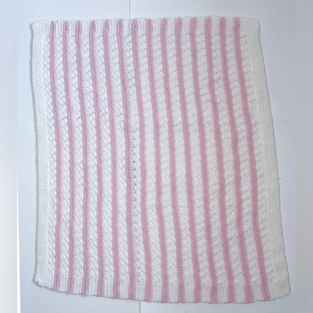 Pink White Crochet Baby Afghan Handmade Cottage Core Barbiecore Nursery